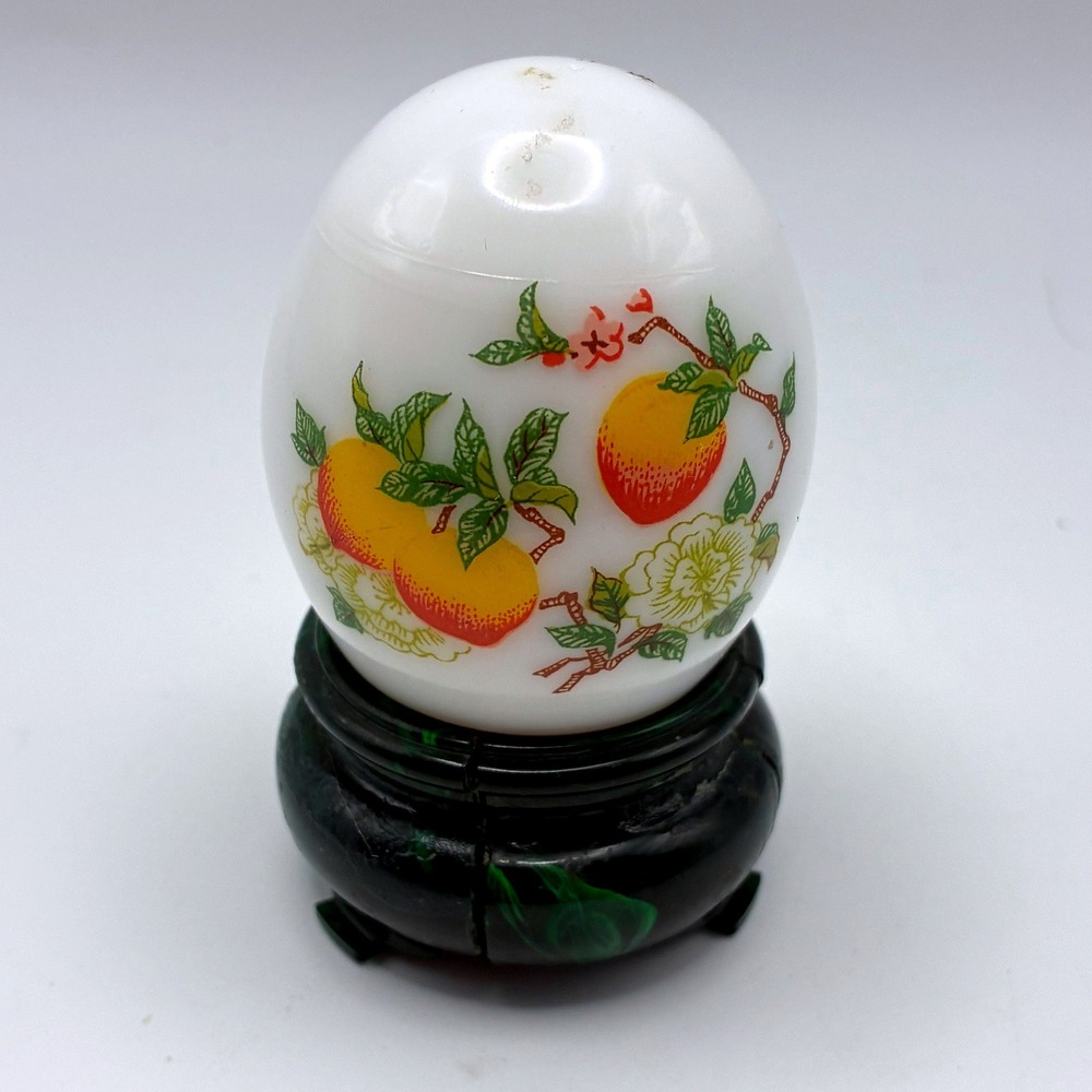 Avon Decorative Egg 2.5" White Peach Floral Milk Glass Green Stand Vintage 70s
